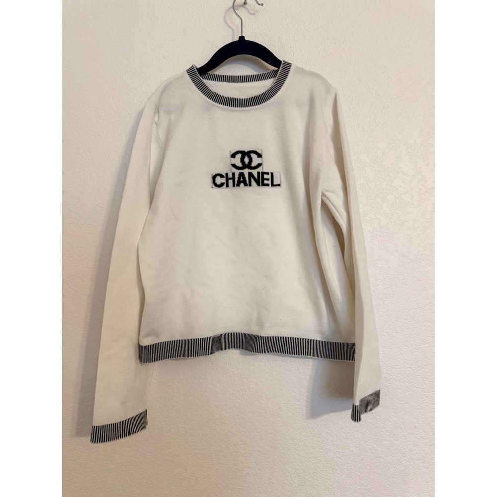 Chanel Kids White Knit Sweater Black Logo Striped Trim Crewneck Pullover